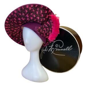 1960s Jack McConnell Tilt Hat – Fuchsia Velour w/ Feather Trim & Box